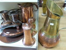 A quantity of copper lidded jugs and silver plated food warmers etc