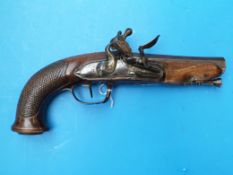 A continental flintlock coat pistol c1820 with carved stock and gilt impressed proof marks to the