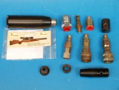 Assorted PCP rifle fill adaptors and two sound moderators.