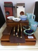 A Georgian mahogany workbox and writing box, various blue vaseline glass, pair of wall mounted