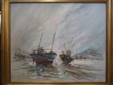Two framed oil paintings, fishing boats at low tide and windmill