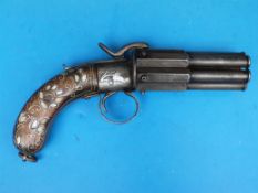 A Turkish pepper box six shot revolver with mother of pearl and wire work inlay to the stock c1850