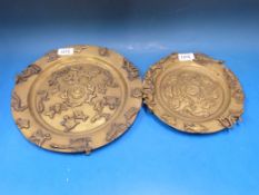 Two Eastern brass chargers with applied decoration of Zodiac symbols