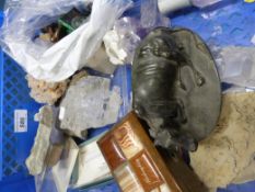 Various minerals, rough Almondine Garnets, a miniature mahogany marble inset pedestal stand, carved