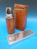 A leather Swaine & Adeney fitted sandwich case with early chrome Thermos and sandwich box inside