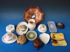 A small collection of pin dishes etc to include Jasperware, Carnival glass, Purbeck, Wedgwood etc