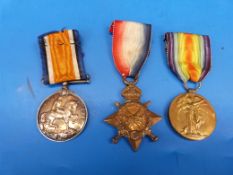 A set of three WWI medals comprising 1914-18 medal, Great War medal and 1914-15 star, each marked