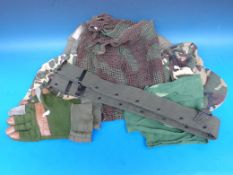 A WW2 1943 field hood together with a quantity of other wearable items suitable for the shooter or