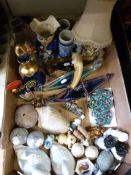 A collection of various ceramics, glass and wooden items to include comical erotic carvings,