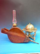 A set of oak bellows, brass globe on stand and oil lamp