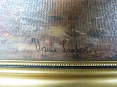 Ursula Lambert oil on canvas of cottage with bluebells in Avening (60 x 45cm)