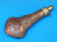 A G & J W Hawksley copper and brass powder flask with embossed hunting scenes (21cm long)