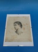 Dante Gabriel Rossetti proof engraving of female head, pencil notes bottom margin, 20cm x 18cm