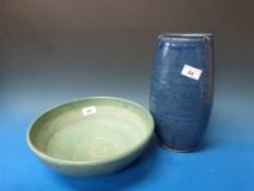 A green glazed Upchurch Pottery bowl stamped Cloverdon to base, together with a blue glazed vase