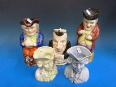 Two Jolly Toby jugs, one unusually taking snuff, and a Price Kensington Edward Heath gurgling jug