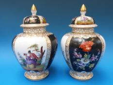 A pair of Dresden lidded vases with Watteau and botanical decoration,