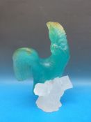 Daum glass pâte de verre cockatoo in sea green on frosted base, 30cm tall.