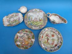 A Masons chinoiserie sauce boat and relief moulded underplate with three similar Masons plates and
