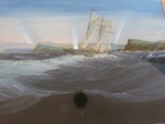 Tony Batey gouache of a sailing boat at sea with cliffs to the background,