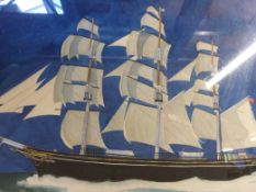 A watercolour of the Cutty Sark sailing in moonlight,