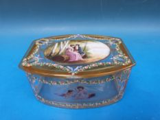 A hand painted glass jewellery casket with oval scene of a couple sitting by a lake to the lid