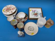 A collection of 19thC ceramics including mugs, cups and saucer, hand-decorated plaques signed KG,