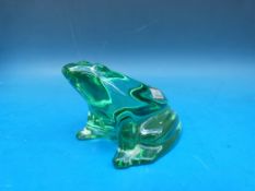 A Baccarat green glass frog with original label, 11cm long.