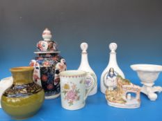 An Oriental covered vase, pair of Georgian style decanters, Spode bowl,