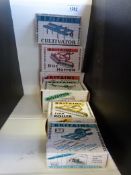 Six Britains diecast model farm accessories, three Furrow Plough 9530, Farm Roller 9533,