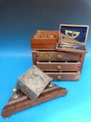 A collection of treen to include a small tool box, cribbage box, walnut box, pewter box,