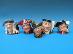 Five Royal Doulton small character jugs including Mikado, Robin Hood,