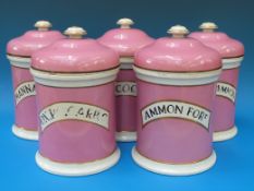 A set of five apothecary jars, all with liners, pink ground,