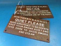 A replica Southern railway cast sign (15x27cm) and a similar GWR example