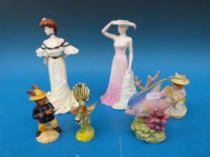 Two Coalport figurines, Bunnykins, Royal Worcester fish,