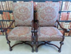 A pair of William and Mary style armchairs with Claremont Fortune upholstery.