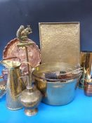 A quantity of copper and brass ware including warming pan and tray