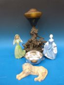 An Art Nouveau style lamp, a Royal Doulton figure Hilary (HN 2335), another figure of a lady,