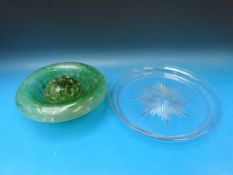 A Davidson cloud glass bowl with flower frog, 23cm in diameter, together with a cut glass tray,