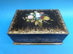A lacquer box with hand painted floral scene inlaid pearl,