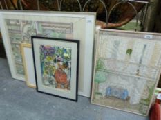 A quantity of pictures to include a watercolour of a MG in front of a possibly French garage with