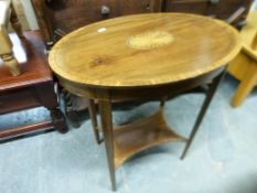 An Edwardian inlaid table with under-shelf (max diameter 61cm,