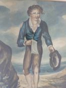 Two watercolours, one of a couple by a river, the other of a man on a beach,