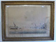 J Clevelly and F Dukes: Coloured etching of Randalls Mill, Nine Elms, on the Thames near Vauxhall,