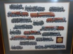 G S Cooper watercolour montage of LMS steam locomotives, 18 in all,