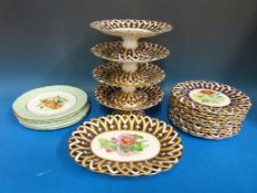 A 19thC 15-piece Coalport dessert service (including four tazzas) with hand-painted botanical