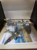 Three Corgi WWII diecast model aeroplane together with a print of Spitfires.