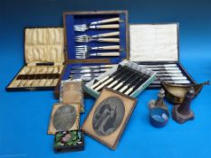 Three Victorian daguerreotypes together with serpentine stone lighthouses, small cloisonne ware,