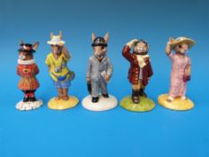 Five Royal Doulton Bunnykins figures DB 215 Sightseer figures, DB 203 Businessman figures,