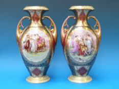 A pair of Vienna porcelain twin handled vases depicting Grecian scenes,
