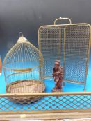 A vintage birdcage, folding fireguard,
